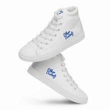 Load image into Gallery viewer, EDW - White - Royal Blue Text - Women’s High Top Canvas Sneakers