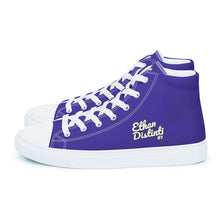 Load image into Gallery viewer, 410.A - Purple - White/Old Gold/Black Text - Men’s High Top Canvas Sneakers *NOTE: The sole of the sneakers is available in 2 colors: Black or White