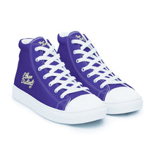 Load image into Gallery viewer, 410.A - Purple - White/Old Gold/Black Text - Men’s High Top Canvas Sneakers *NOTE: The sole of the sneakers is available in 2 colors: Black or White