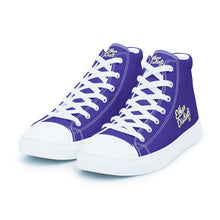 Load image into Gallery viewer, 410.A - Purple - White/Old Gold/Black Text - Men’s High Top Canvas Sneakers *NOTE: The sole of the sneakers is available in 2 colors: Black or White