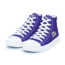 Load image into Gallery viewer, 410.A - Purple - White/Old Gold/Black Text - Women’s High Top Canvas Sneakers *NOTE: The sole of the sneakers is available in 2 colors: Black or White