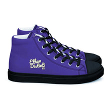 Load image into Gallery viewer, 410.A - Purple - White/Old Gold/Black Text - Men’s High Top Canvas Sneakers *NOTE: The sole of the sneakers is available in 2 colors: Black or White