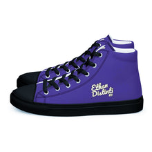 Load image into Gallery viewer, 410.A - Purple - White/Old Gold/Black Text - Women’s High Top Canvas Sneakers *NOTE: The sole of the sneakers is available in 2 colors: Black or White