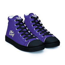 Load image into Gallery viewer, 410.A - Purple - White/Old Gold/Black Text - Women’s High Top Canvas Sneakers *NOTE: The sole of the sneakers is available in 2 colors: Black or White