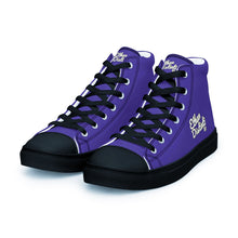 Load image into Gallery viewer, 410.A - Purple - White/Old Gold/Black Text - Women’s High Top Canvas Sneakers *NOTE: The sole of the sneakers is available in 2 colors: Black or White