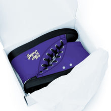 Load image into Gallery viewer, 410.A - Purple - White/Old Gold/Black Text - Men’s High Top Canvas Sneakers *NOTE: The sole of the sneakers is available in 2 colors: Black or White
