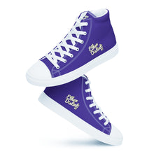 Load image into Gallery viewer, 410.A - Purple - White/Old Gold/Black Text - Women’s High Top Canvas Sneakers *NOTE: The sole of the sneakers is available in 2 colors: Black or White
