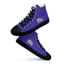 Load image into Gallery viewer, 410.A - Purple - White/Old Gold/Black Text - Women’s High Top Canvas Sneakers *NOTE: The sole of the sneakers is available in 2 colors: Black or White