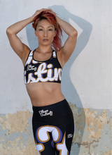 Load image into Gallery viewer, 410.B - Black - White/Old Gold/Purple - Wrap around - Sports bra