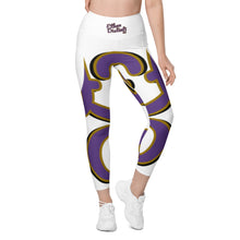 Load image into Gallery viewer, 410.C - White - Purple/Old Gold/Black - Wrap Around - Leggings With Pockets
