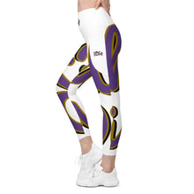 Load image into Gallery viewer, 410.C - White - Purple/Old Gold/Black - Wrap Around - Leggings With Pockets
