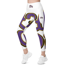 Load image into Gallery viewer, 410.C - White - Purple/Old Gold/Black - Wrap Around - Leggings With Pockets
