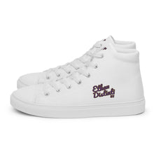 Load image into Gallery viewer, 410.C - White - Purple/Old Gold/Black Text - Men’s High Top Canvas Sneakers