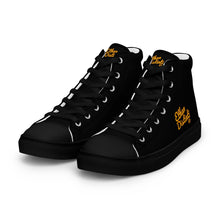 Load image into Gallery viewer, 202.A - Black - Gold/Maroon Text - Women’s High Top Canvas Shoes