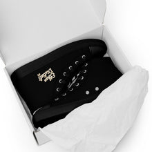 Load image into Gallery viewer, 410.B - Black - White/Old Gold/Purple Text - Women’s High Top Canvas Sneakers