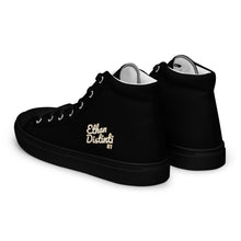 Load image into Gallery viewer, 410.B - Black - White/Old Gold/Purple Text - Women’s High Top Canvas Sneakers