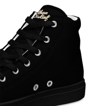 Load image into Gallery viewer, 410.B - Black - White/Old Gold/Purple Text - Women’s High Top Canvas Sneakers