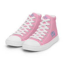 Load image into Gallery viewer, EDW - Pink - Sky Blue Text - Women’s High Top Canvas Sneakers