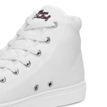 Load image into Gallery viewer, 410.C - White - Purple/Old Gold/Black Text - Women's High Top Canvas Sneakers