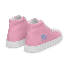 Load image into Gallery viewer, EDW - Pink - Sky Blue Text - Women’s High Top Canvas Sneakers