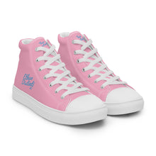 Load image into Gallery viewer, EDW - Pink - Sky Blue Text - Women’s High Top Canvas Sneakers
