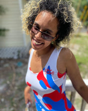 Load image into Gallery viewer, Paint Everywhere #2 - White, White Stitching, With Royal Blue/Red Paint Splash Designs, Red Text - Sublimation Cut & Sew Dress