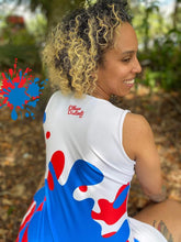 Load image into Gallery viewer, Paint Everywhere #2 - White, White Stitching, With Royal Blue/Red Paint Splash Designs, Red Text - Sublimation Cut & Sew Dress