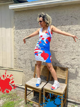 Load image into Gallery viewer, Paint Everywhere #2 - White, White Stitching, With Royal Blue/Red Paint Splash Designs, Red Text - Sublimation Cut & Sew Dress