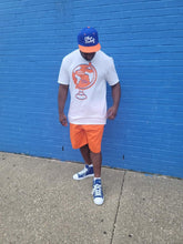Load image into Gallery viewer, Ethan Globe - White - Orange / Royal Blue Globe - White Text, Royal Blue Text - Short-Sleeve Unisex T-Shirt