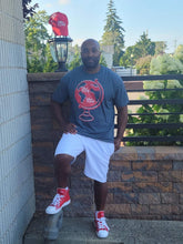 Load image into Gallery viewer, Ethan Globe - Dark Heather - Red / White Globe - White Text - Short-Sleeve Unisex T-Shirt