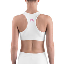 Load image into Gallery viewer, Art 102A - White - Pink Text - White Piping - Sports bra