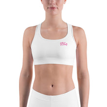 Load image into Gallery viewer, Art 102A - White - Pink Text - White Piping - Sports bra