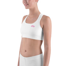Load image into Gallery viewer, Art 102A - White - Pink Text - White Piping - Sports bra