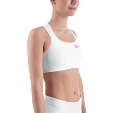 Load image into Gallery viewer, Art 102A - White - Pink Text - White Piping - Sports bra