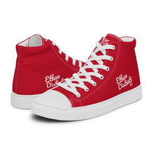 Load image into Gallery viewer, EDM - Red - White Text - Men’s High Top Canvas Sneakers