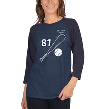 Load image into Gallery viewer, ( Heather Denim / Navy - white text , white designs ) 3/4 sleeve raglan shirt