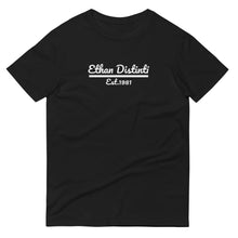 Load image into Gallery viewer, Ethan Distinti Est.1981 - Black With White Text - Unisex Short-Sleeve T-Shirt
