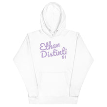 Load image into Gallery viewer, E.D.A Signature BIG PRINT - WHITE with Lavender Text - Unisex Hoodie **NOTE This Hoodie "RUN SMALL" Please Order A Size Bigger Than Your Normal Size.