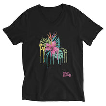 Load image into Gallery viewer, Pink Flower - Pink Text With Flower Design - Flower Coll #1 - Unisex Short Sleeve V-Neck T-Shirt