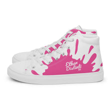 Load image into Gallery viewer, Paint Splash - White - With White/Pink Text, Pink Paint Splash Design - Women’s High Top Canvas Sneakers
