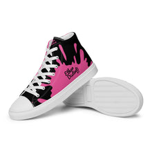 Load image into Gallery viewer, Paint Splash - Black - Black/Pink Text, With Pink Paint Splash Design - Women’s High Top Canvas Sneakers