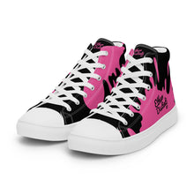 Load image into Gallery viewer, Paint Splash - Black - Black/Pink Text, With Pink Paint Splash Design - Women’s High Top Canvas Sneakers