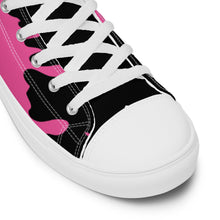 Load image into Gallery viewer, Paint Splash - Black - Black/Pink Text, With Pink Paint Splash Design - Women’s High Top Canvas Sneakers