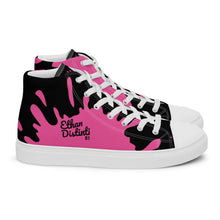 Load image into Gallery viewer, Paint Splash - Black - Black/Pink Text, With Pink Paint Splash Design - Women’s High Top Canvas Sneakers