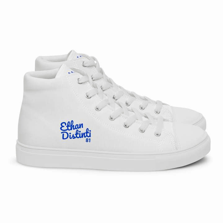 EDM - White - Royal Blue Text - Men’s High Top Canvas Sneakers