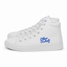 Load image into Gallery viewer, EDM - White - Royal Blue Text - Men’s High Top Canvas Sneakers
