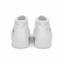 Load image into Gallery viewer, EDM - White - Royal Blue Text - Men’s High Top Canvas Sneakers
