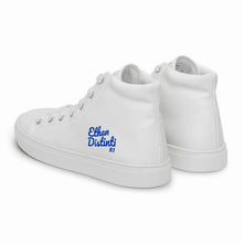 Load image into Gallery viewer, EDM - White - Royal Blue Text - Men’s High Top Canvas Sneakers
