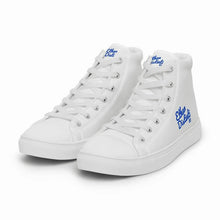 Load image into Gallery viewer, EDM - White - Royal Blue Text - Men’s High Top Canvas Sneakers
