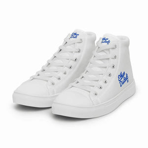 EDM - White - Royal Blue Text - Men’s High Top Canvas Sneakers